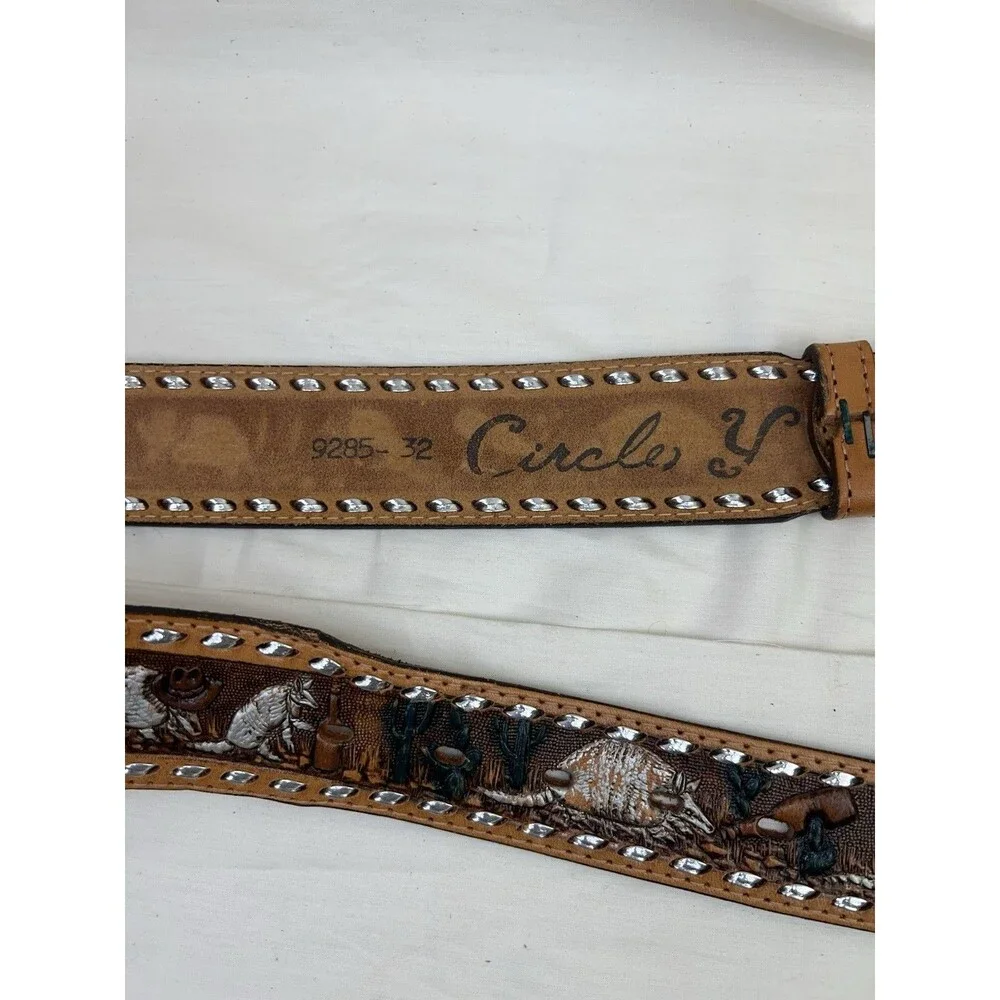 Vtg‎ Circle Y Womens Western Animal Scene Stamped Angie Tooled Belt Leather 32